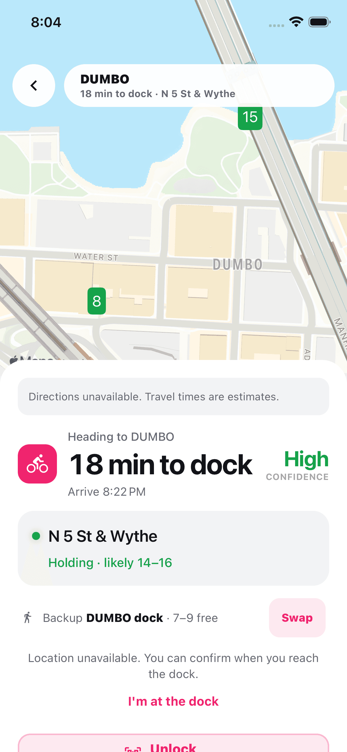 DockMe demo ride to DUMBO, showing a selected dock, a backup dock with a Swap button, and manual arrival because location is unavailable.