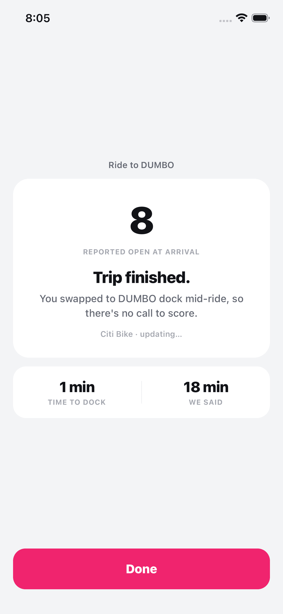 DockMe demo trip summary showing Trip finished and explaining that a mid-ride dock swap leaves no prediction to score.