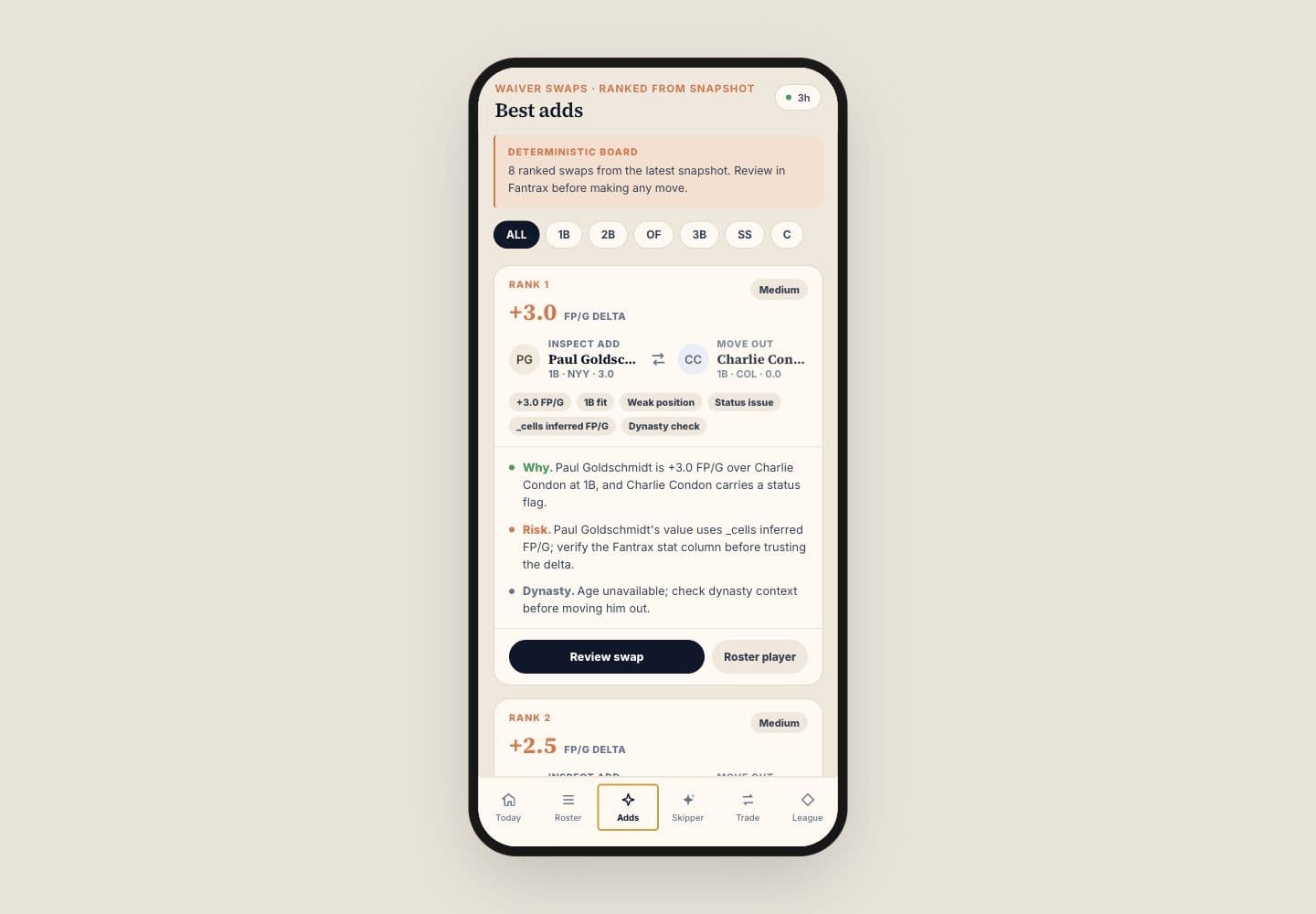 Sandlot best adds screen with waiver swap recommendations