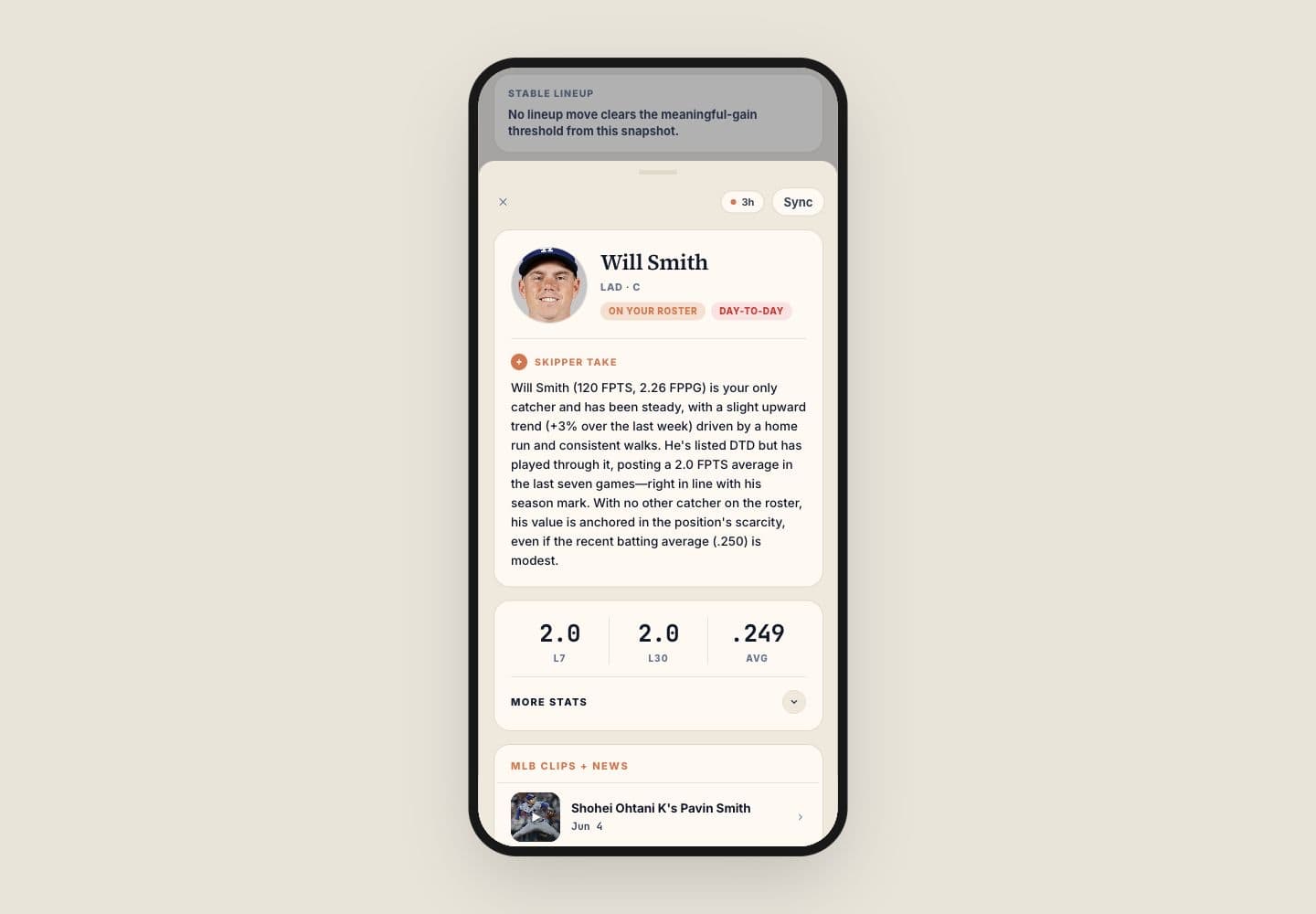 Sandlot player detail screen with Skipper take and stats