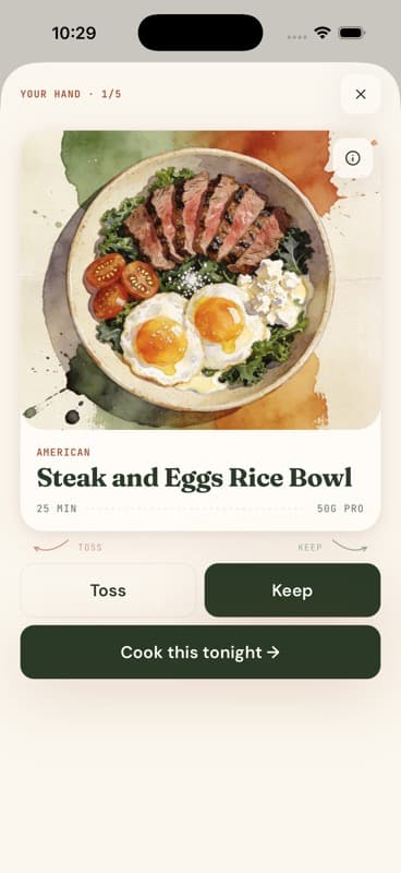 First of five Qook dinner cards: a watercolor Steak and Eggs Rice Bowl with Toss, Keep and Cook this tonight actions.