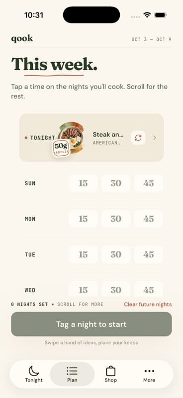 Qook weekly plan with Steak and Eggs Rice Bowl selected for tonight and time choices for upcoming days.
