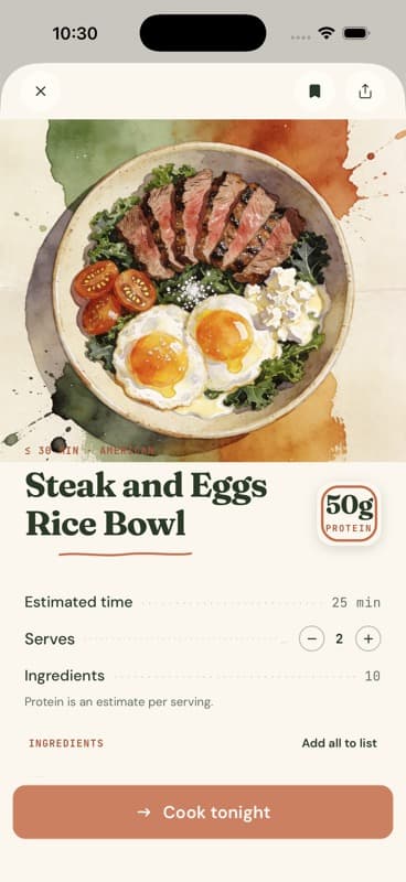 Steak and Eggs Rice Bowl recipe with watercolor artwork, estimated time, two servings and ingredient-list controls.