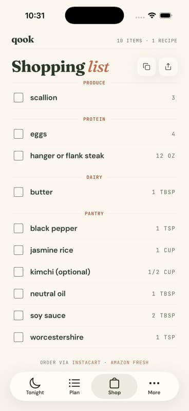 Qook shopping list with ten ingredients for one recipe, grouped into produce, protein, dairy and pantry.